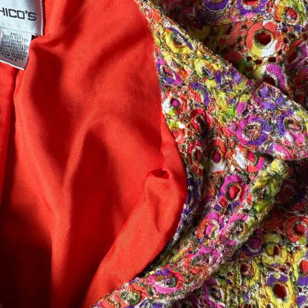 Chico’s Embroidered Jacket Size 3 Colorful Floral Textured Button Front Boho - Picture 11 of 11